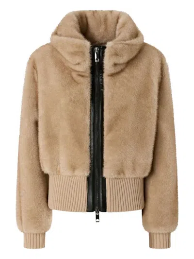 Pinko Faux-fur Ribbed-hem Jacket In Brown