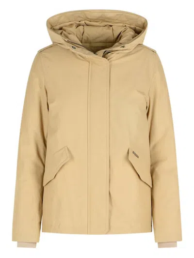 Woolrich Soft Cotton-polyamide Blend Beige Jacket With Hood In Brown