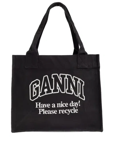 Ganni Black Shopper With Embroidered Logo On The Front In Black