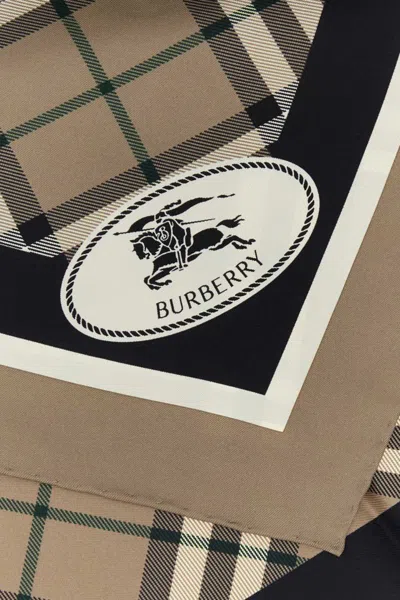 Burberry Embroidered Silk Foulard With Check Pattern And Fringed Edges