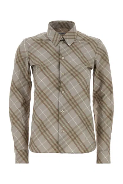 Burberry Women Beige Shirt With Pointed Collar And All-over Check Motif In Cotton Woman In Brown