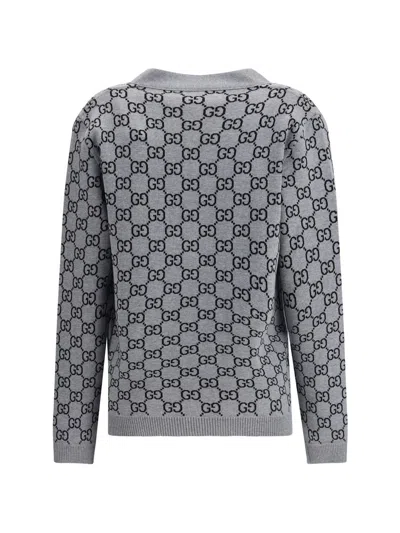 Gucci Women Grey V-neck Cardigan With All-over Gg Motif In Wool Woman In Gray