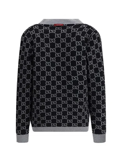 Gucci Women Grey V-neck Cardigan With All-over Gg Motif In Wool Woman In Gray