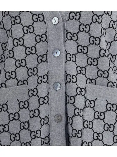 Gucci Women Grey V-neck Cardigan With All-over Gg Motif In Wool Woman In Gray