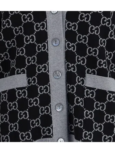 Gucci Women Grey V-neck Cardigan With All-over Gg Motif In Wool Woman In Gray