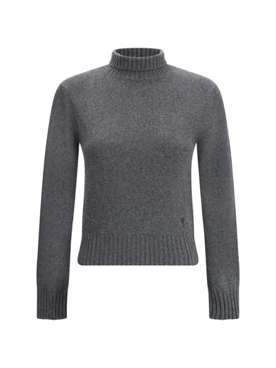 Ami Alexandre Mattiussi Cropped Cashmere Blend Turtleneck Sweater With Ribbed Detailing In Gray