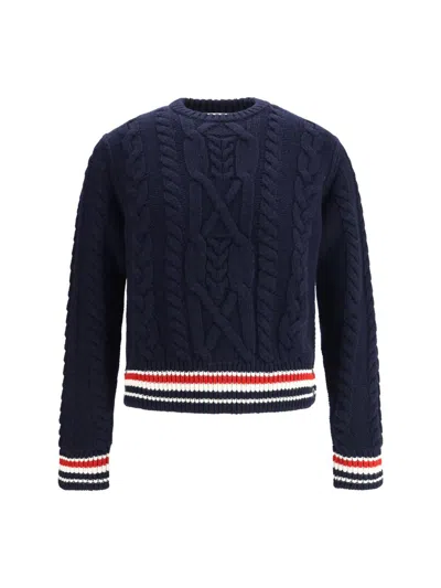 Thom Browne Cable Knit Crew Sweater With Ribbed Cuffs In Blue