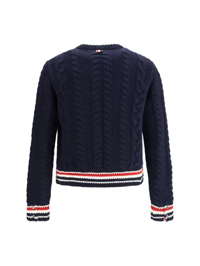 Thom Browne Cable Knit Crew Sweater With Ribbed Cuffs In Blue