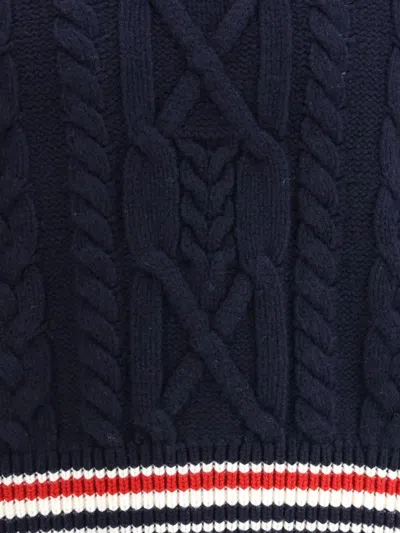 Thom Browne Cable Knit Crew Sweater With Ribbed Cuffs In Blue