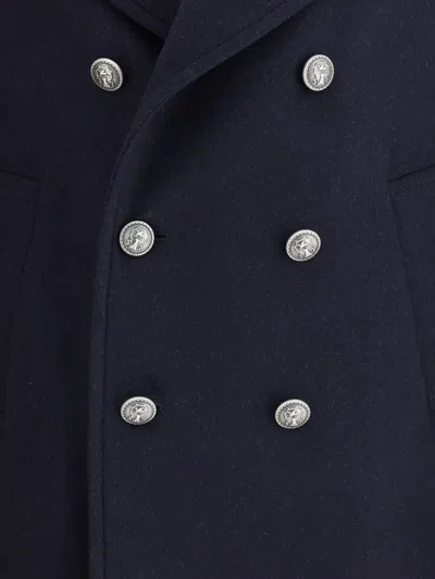 Brunello Cucinelli Navy Blue Double Flannel Caban Blazer In Black