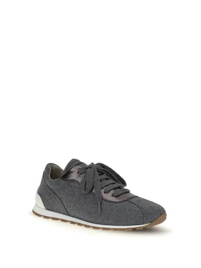 Brunello Cucinelli Women Low-top Wool Flannel Sneakers With Leather Profiles In Gray