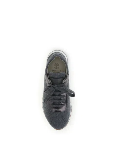 Brunello Cucinelli Women Low-top Wool Flannel Sneakers With Leather Profiles In Gray