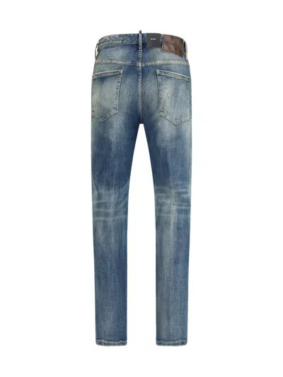 Dsquared2 Men Blue Jeans With Logo Patch On The Rear And Distressed Effect In Denim Man In Blue