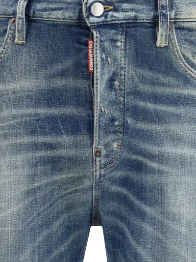 Dsquared2 Men Blue Jeans With Logo Patch On The Rear And Distressed Effect In Denim Man In Blue
