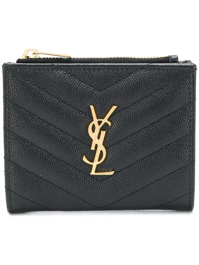Saint Laurent Cassandre Matelassé Bi-fold Wallet In Grain De Poudre Leather Accessories In Gray