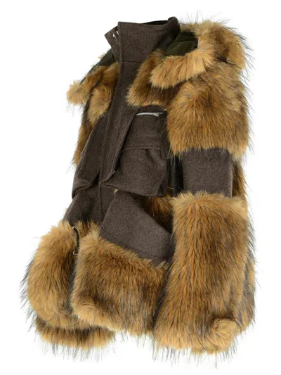Sacai Fur-trimmed Wool Jacket In Brown