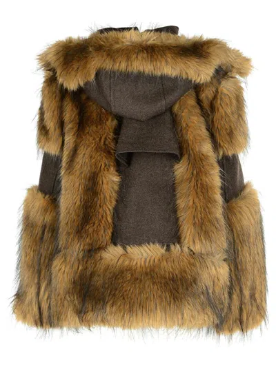 Sacai Fur-trimmed Wool Jacket In Brown