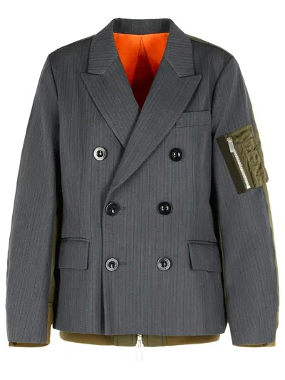 Sacai Double-breasted Wool And Nylon Blazer In Gray