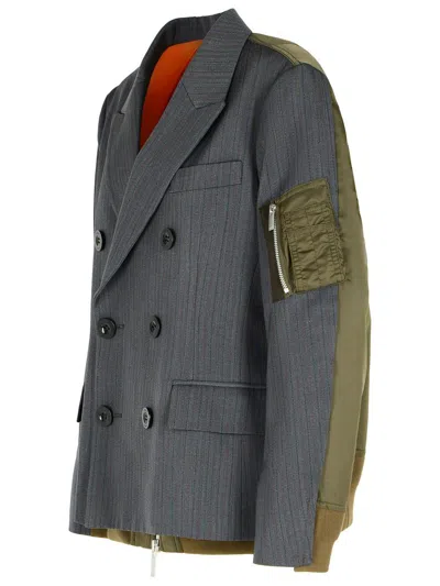 Sacai Double-breasted Wool And Nylon Blazer In Gray