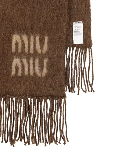 Miu Miu Wool Scarf With Logo In Brown