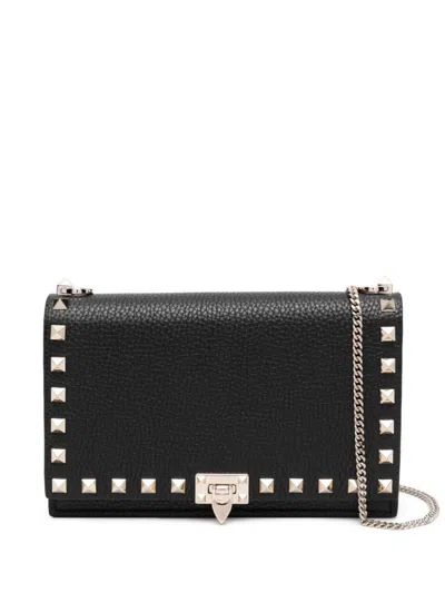 Valentino Pouch With Rockstud Chain In Grained Calfskin In Black