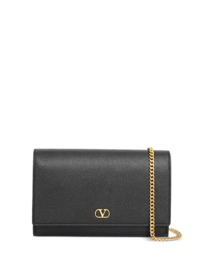 Valentino Vlogo Grainy Leather Wallet With Chain In Black
