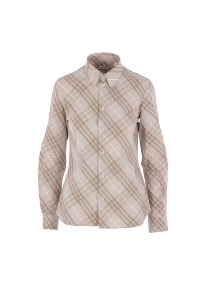 Burberry Women Beige Shirt With Pointed Collar And All-over Check Motif In Cotton Woman In Multi