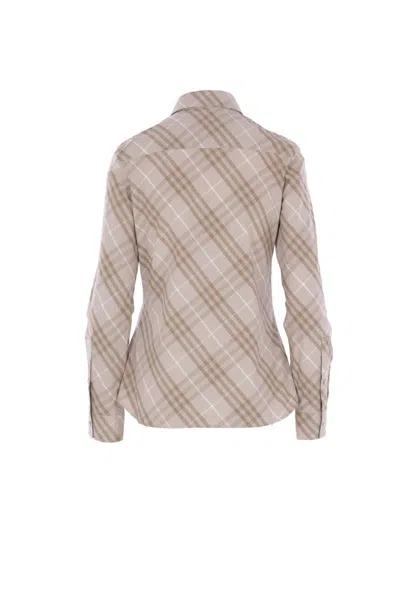 Burberry Women Beige Shirt With Pointed Collar And All-over Check Motif In Cotton Woman In Multi