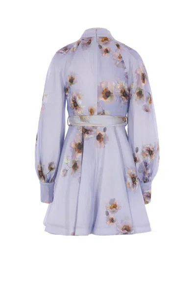 Zimmermann Womens Lilac Poppy Printed Silk-belt Buttoned Linen Mini Dress In Purple