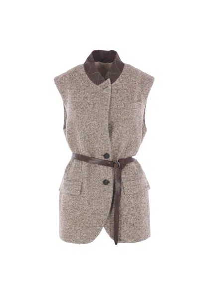 Brunello Cucinelli Waist Belted Lapel Sleeveless Textured Jacket In Gray