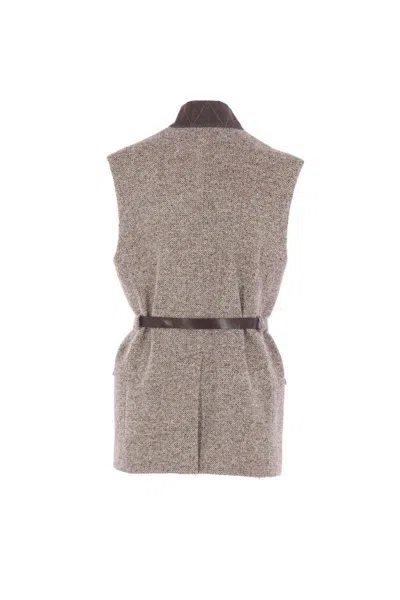 Brunello Cucinelli Waist Belted Lapel Sleeveless Textured Jacket In Gray