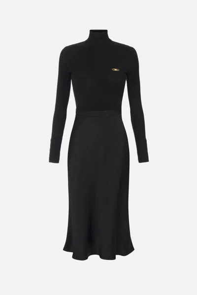 Elisabetta Franchi Ribbed Turtleneck Midi Dress In Blue