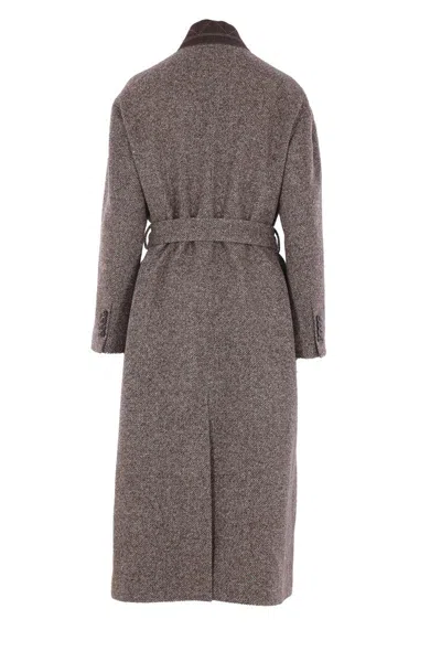 Brunello Cucinelli Women Brown Diagonal Melange Coat With Monili In Brown