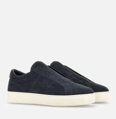 Hogan Black Suede Slip-on Shoes With Contrasting Sole In Blue