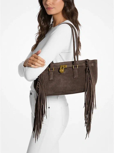 Michael Kors Hamilton Moderne Small Fringed Suede Satchel In Brown
