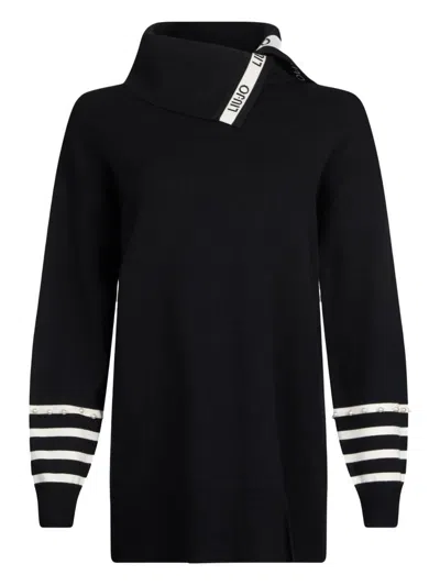 Liu •jo Roll-neck Striped-cuff Top In Black