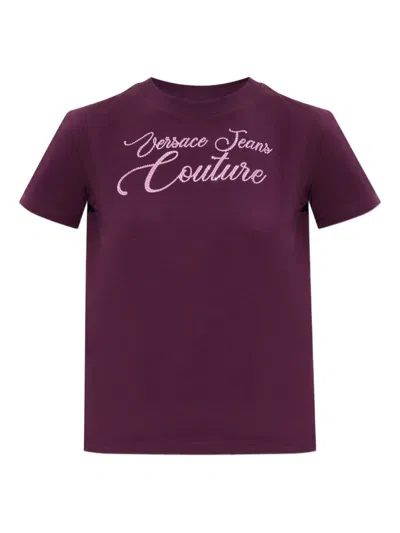 Versace Jeans Couture Logo Burgundy Stretch Cotton T-shirt In Purple