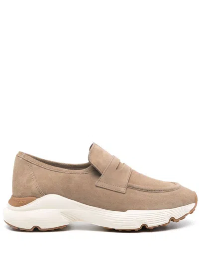 Tod's Suede Loafers With Rubber Sole And Round Toe In Brown