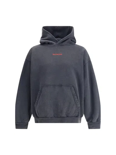 Balenciaga Men Logo Hooded Sweatshirt In Blue