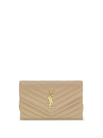 Saint Laurent Wallet With Shoulder Strap In Neutral