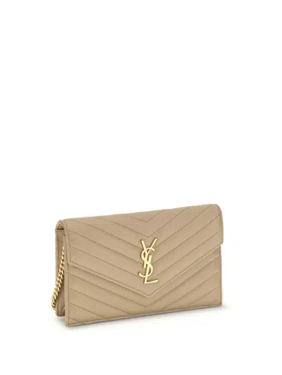 Saint Laurent Wallet With Shoulder Strap In Neutral