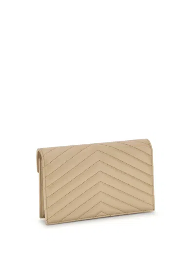 Saint Laurent Wallet With Shoulder Strap In Neutral