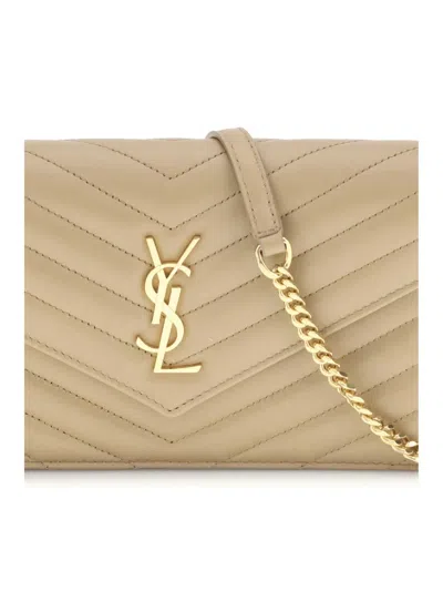 Saint Laurent Wallet With Shoulder Strap In Neutral