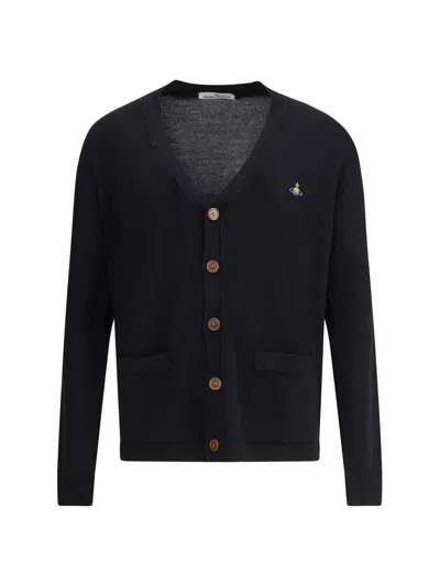 Vivienne Westwood Black V Neck Cardigan With Orb Embroidery In Cotton And Cashmere In Black
