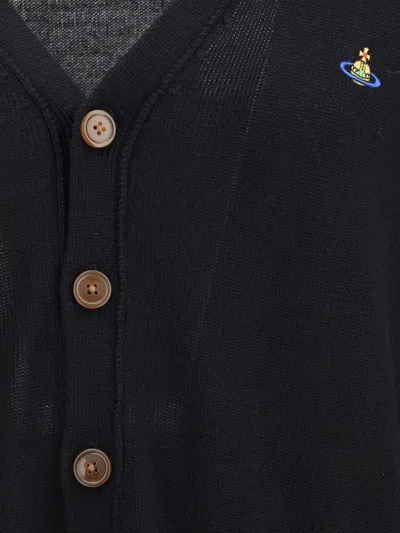 Vivienne Westwood Black V Neck Cardigan With Orb Embroidery In Cotton And Cashmere In Black