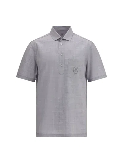 Brunello Cucinelli Men Virgin Wool Poplin Polo Shirt In Gray