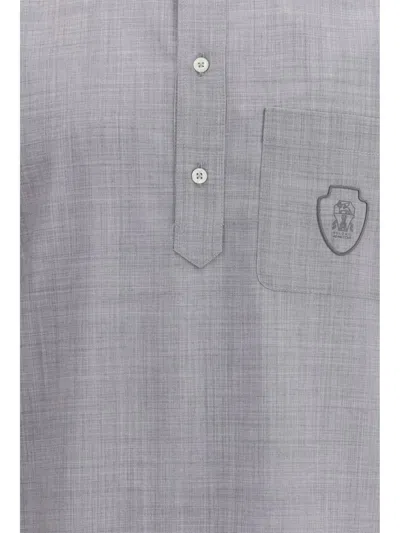 Brunello Cucinelli Men Virgin Wool Poplin Polo Shirt In Gray