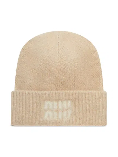Miu Miu Mohair Wool Logo Hat In Neutral