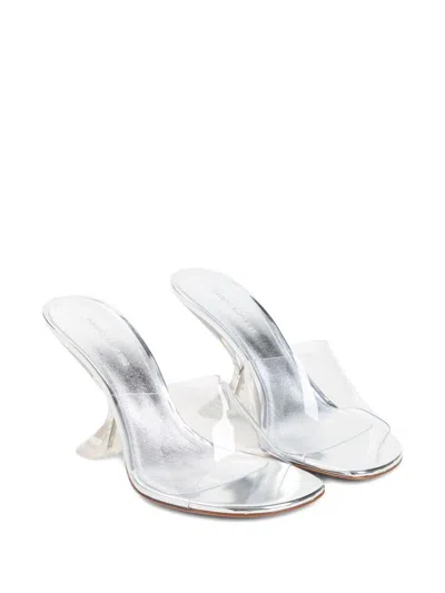 Amina Muaddi Metallic Open-toe Sandals With Sculptural Heel In Gray