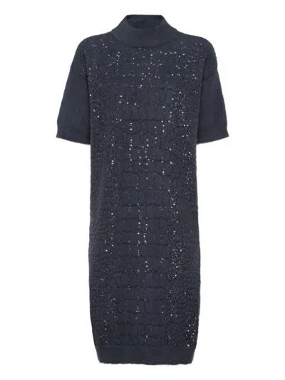 Brunello Cucinelli Textured Mohair Dress High Neck In Blue